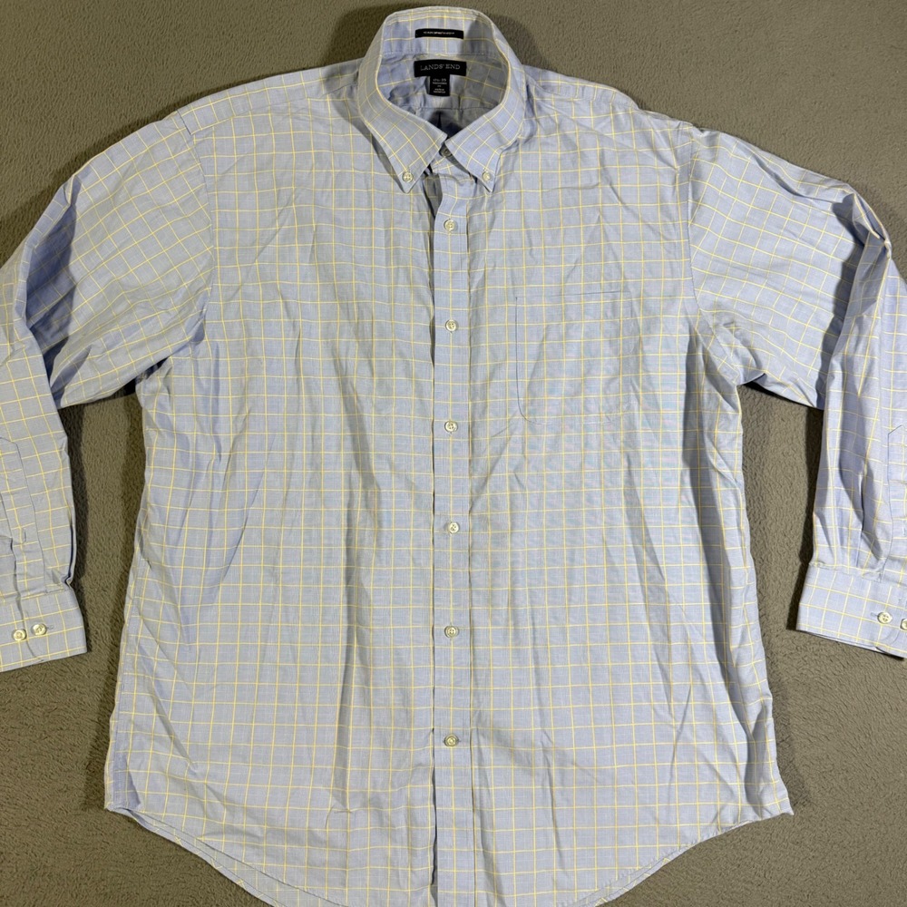 Lands' End Men's 17.5 35 Blue Checkered Button Down No Iron Shirt Pima Cotton